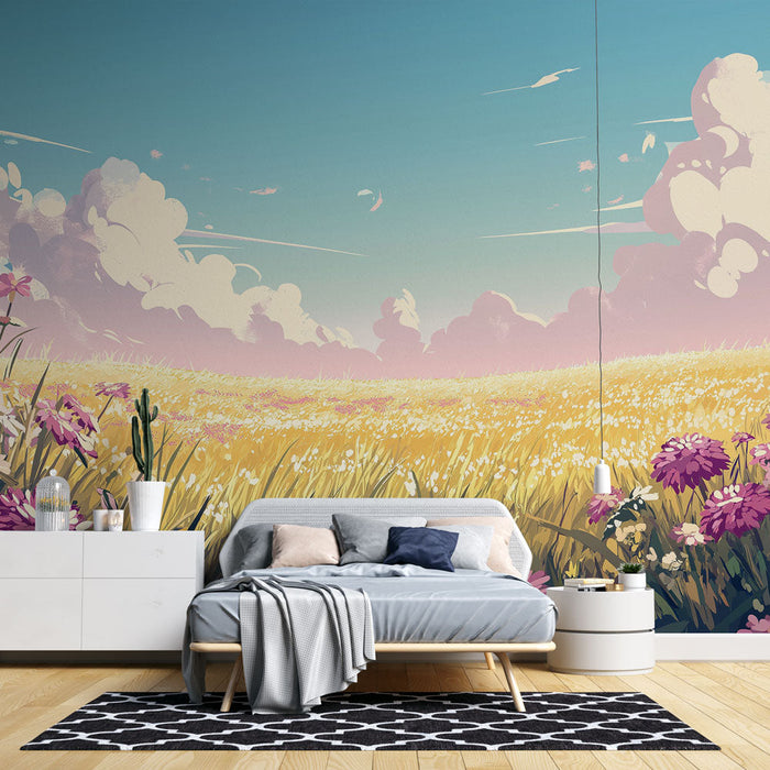 Carta da parati prateria | Campo colorato di fiori selvatici sotto un cielo sereno