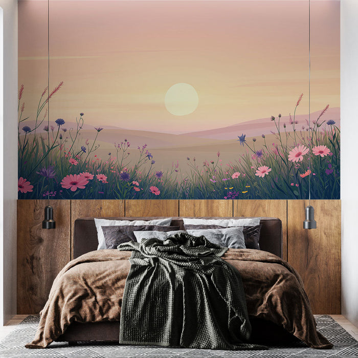 Tapetti niitty | Kukkien kenttä melodisessa auringonlaskussa
