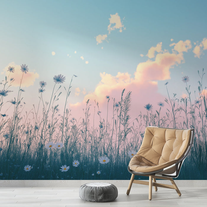 Carta da parati prateria | Campo di fiori in tonalità pastello e cielo limpido