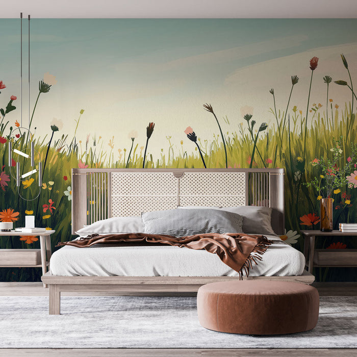 Foto Behang prairie | Veld van kleurrijke bloemen onder een rustgevende lucht