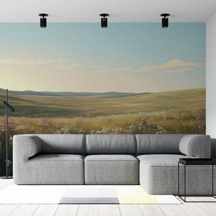 Fototapet prærie | Mark med vilde blomster under en klar himmel