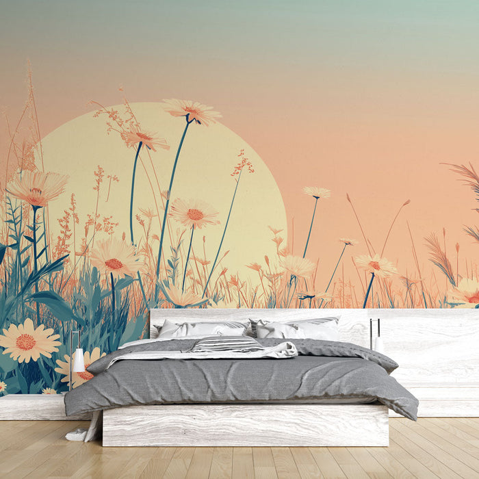 Foto Behang prairie | Veld van bloemen onder een pastelkleurige hemel