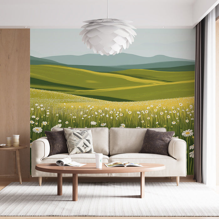 Falfestmény tapéta préri | Margaréták mezeje és zöld dombok