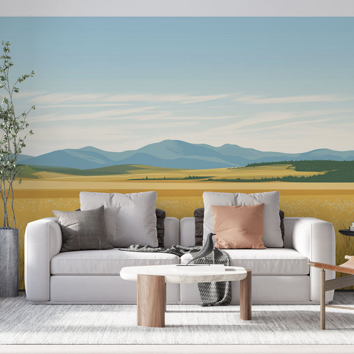 Fototapet prairie | Gylden åker i solen med fjell i bakgrunnen