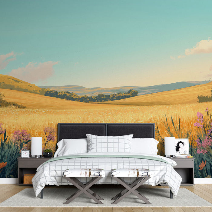 Tapeta prérie | Zlaté pole s barevnými květinami