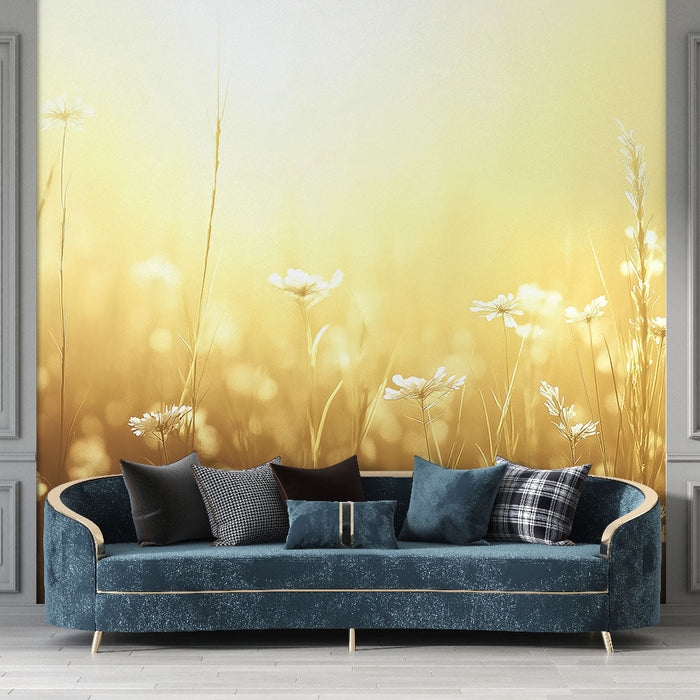 Carta da parati prato | Campo fiorito bagnato dalla luce dorata