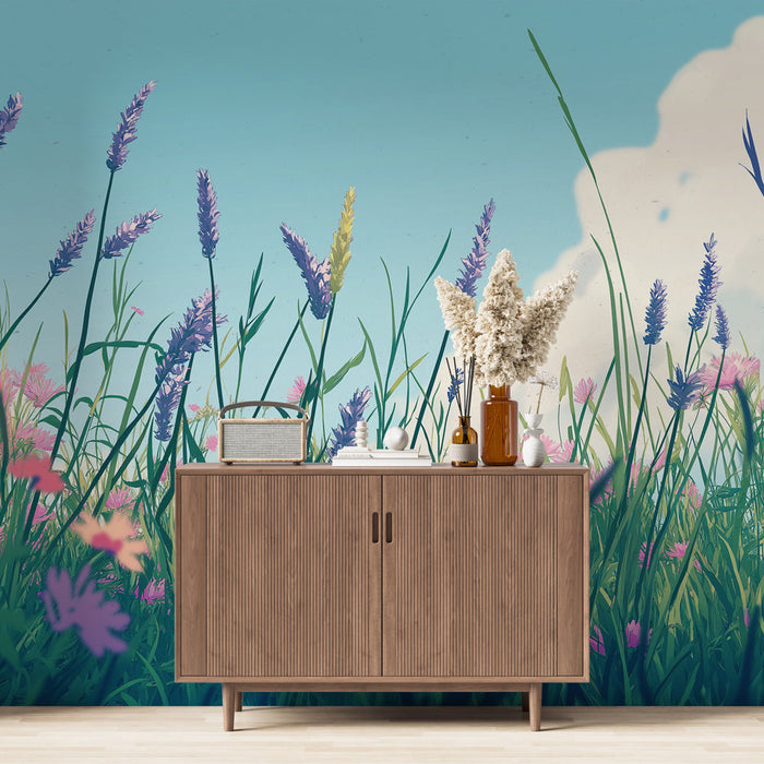 Foto Behang prairie | Levendig veld van wilde bloemen en hoge grassen