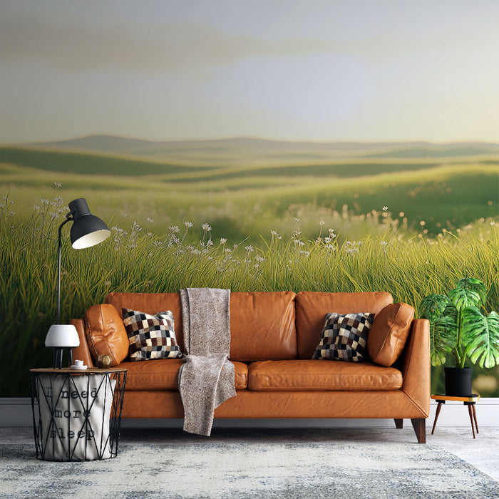 Papel de parede de prado | Campos verdes exuberantes com flores delicadas