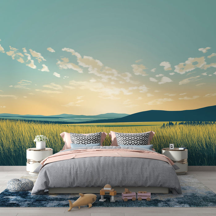 Nástěnná tapeta prérie | Jasná obloha a zlatá pole za soumraku