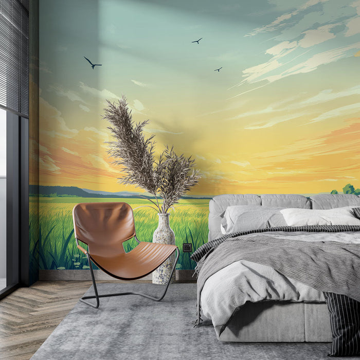 Foto Behang prairie | Pastel lucht en weelderige velden bij schemering