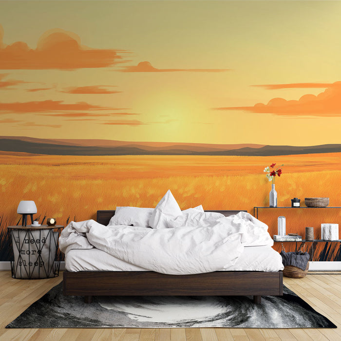 Foto Behang gouden prairie | Landschap van zonovergoten velden bij schemering