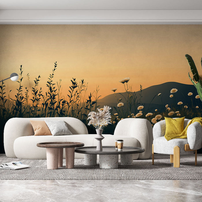 Papel de parede prado | Flores brancas e montanhas ao pôr do sol