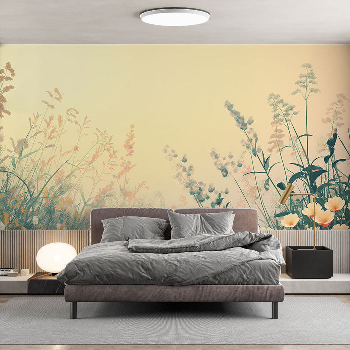 Fototapeta prerie | Jemné květiny a měkké trávy pod pastelovou oblohou