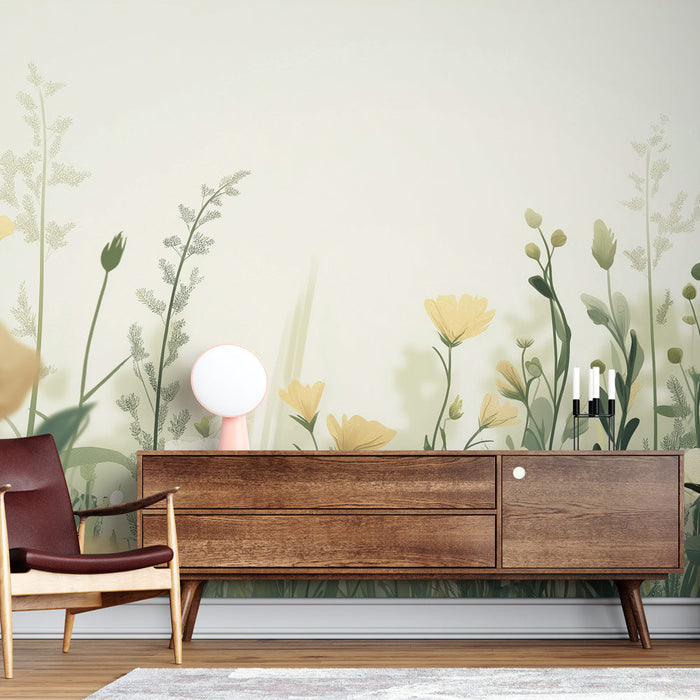 Mural Wallpaper pradaria | Flores delicadas amarelas e verdes em um fundo suave