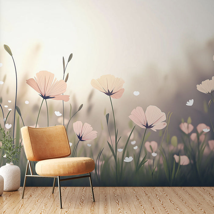 Carta da parati prateria | Fiori morbidi ed erbe delicate all'alba