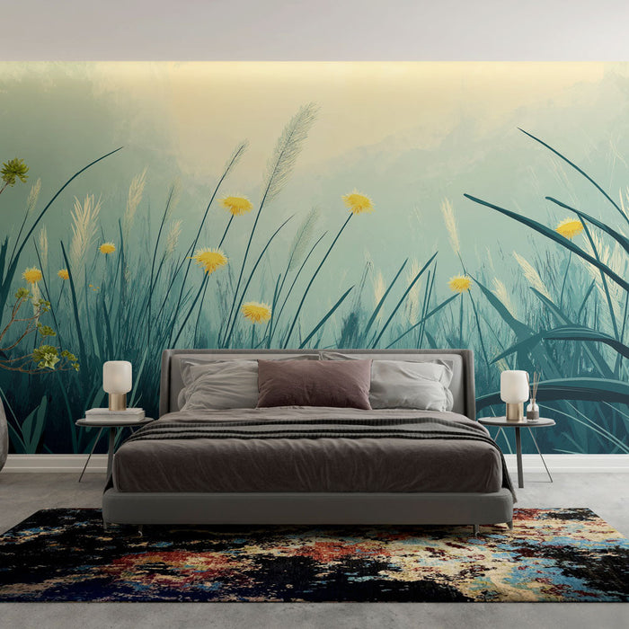 Foto Behang prairie | Gele bloemen en etherische grassen in een rustgevende sfeer