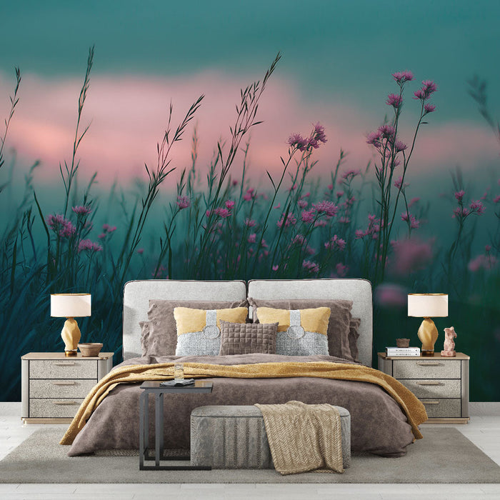 Nástěnná tapeta prérie | Jemné divoké květiny v měkkých tónech