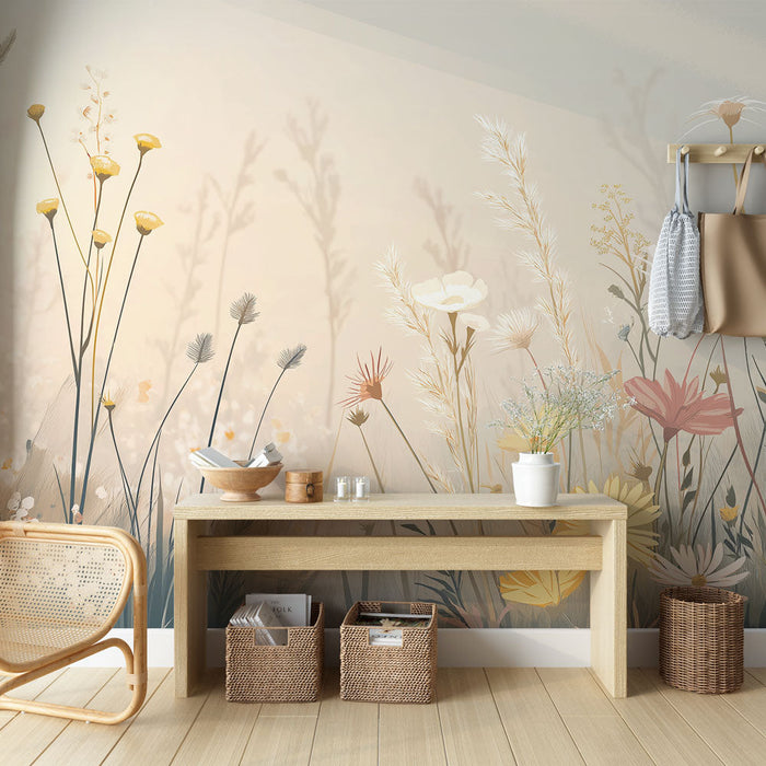 Papel de parede mural prairie | Ilustração fofa de flores silvestres em tons suaves