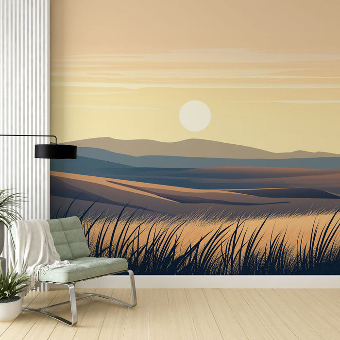 Falfestmény modern-prairie | Naplemente rét táj arany árnyalatokban