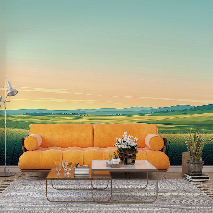 Ταπετσαρία τοιχογραφία λιβάδι | Καταπραϋντικό τοπίο πράσινων λόφων κάτω από έναν παστέλ ουρανό
