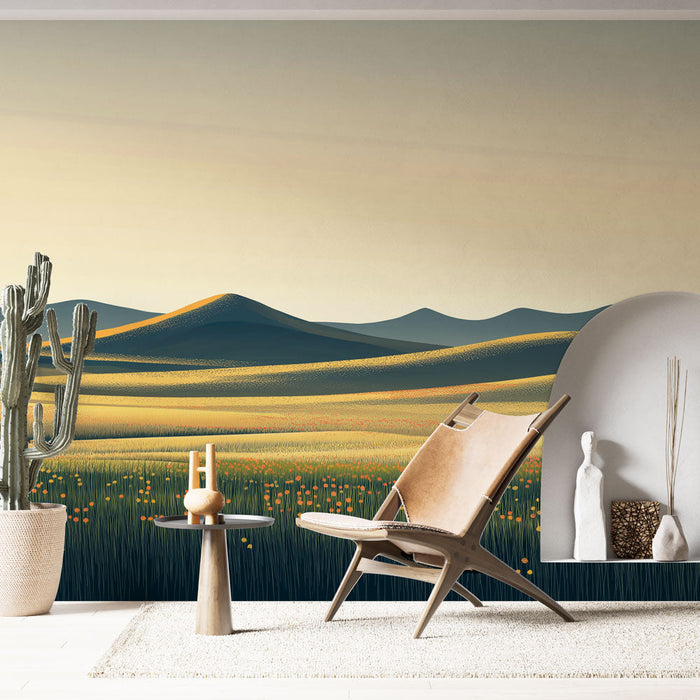 Foto Behang prairie | Landschap van glooiende heuvels met wilde bloemen