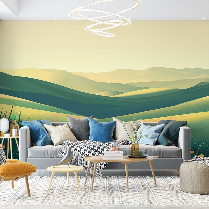 Tapeta prérie | Krajina zelených kopců s barevnými květinami