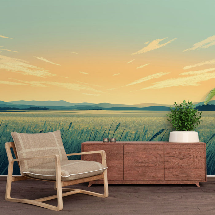 Tapeta prérie | Krajina prérie při západu slunce s horami v pozadí