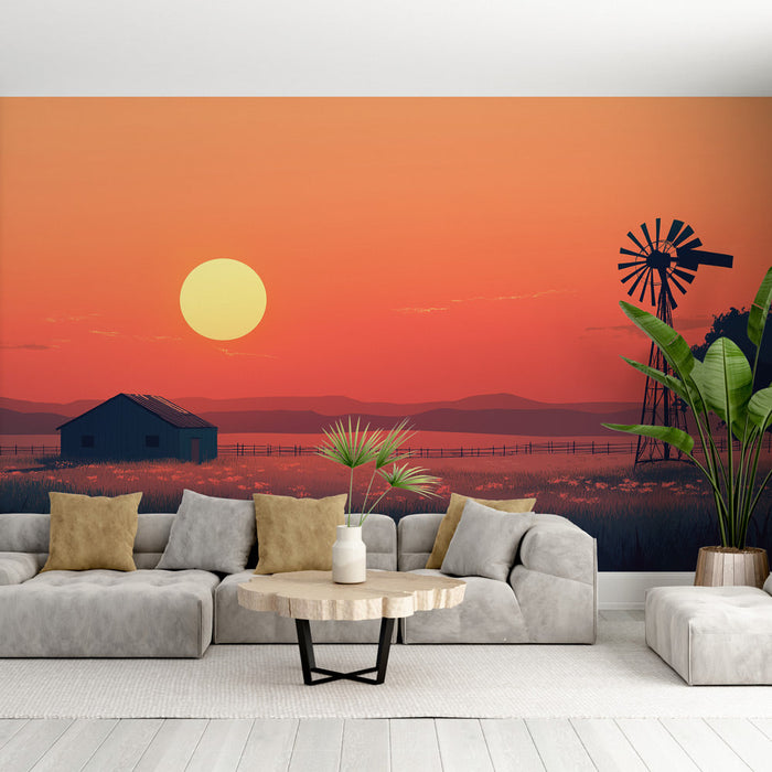 Carta da parati prateria | Paesaggio della prateria al tramonto con mulino a vento
