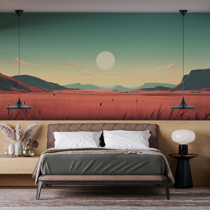 Falfestmény tapéta préri | Préri táj naplementekor meleg tónusokban