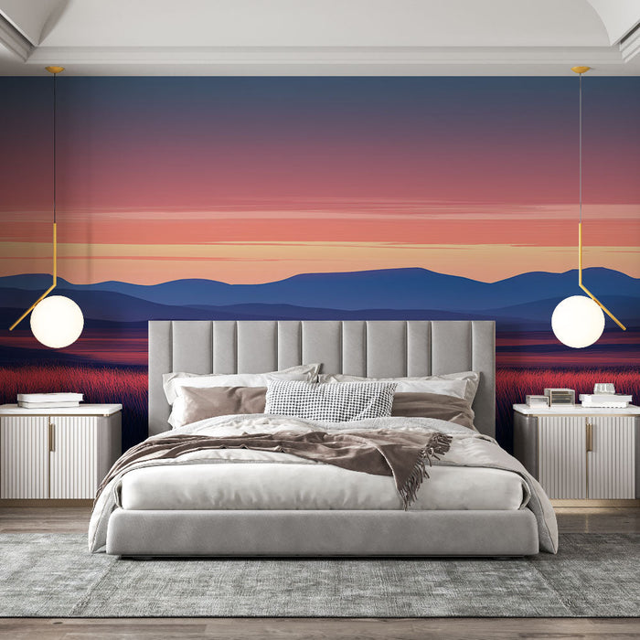 Tapeta prairie | Krajina prérie při západu slunce s odstíny fialové a růžové