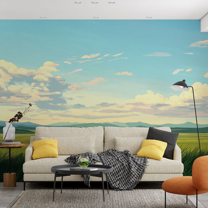 Papel de parede da pradaria | Paisagem de pradaria com céu azul e nuvens suaves