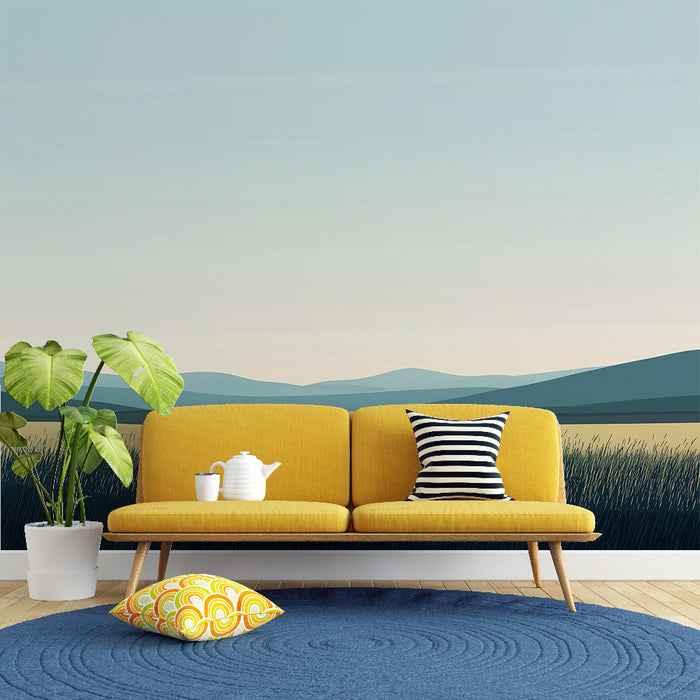 Ταπετσαρία τοιχογραφίας λιβάδι | Μινιμαλιστικό τοπίο με λιβάδια και απαλούς λόφους