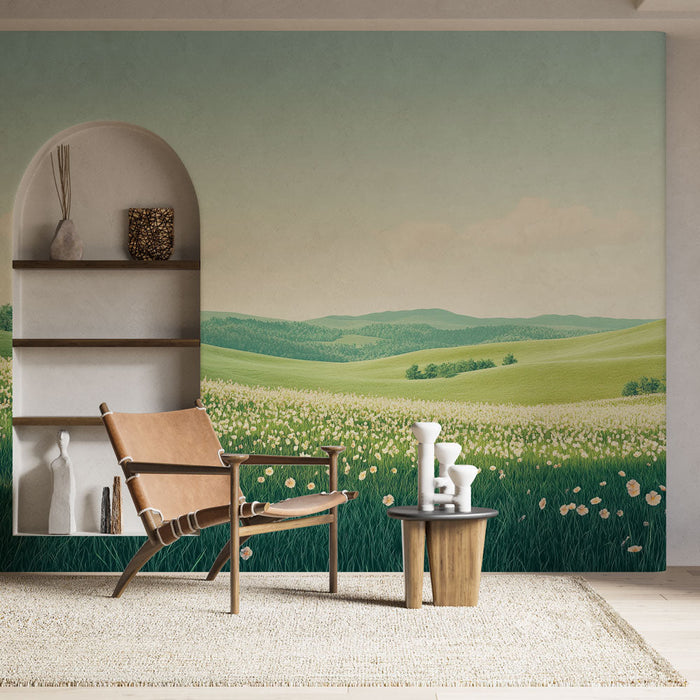 Foto Behang prairie | Pastoraal landschap met wilde bloemen en groene heuvels
