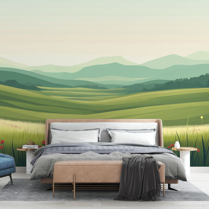 Tapeta prérie | Poklidná krajina s horami a divokými květinami