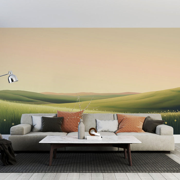 Carta da parati prateria | Paesaggio ondulato con fiori bianchi e erba verde lussureggiante
