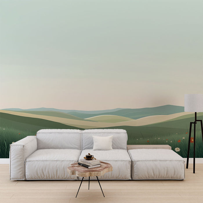 Falfestmény prérie | Zöld táj színes virágokkal