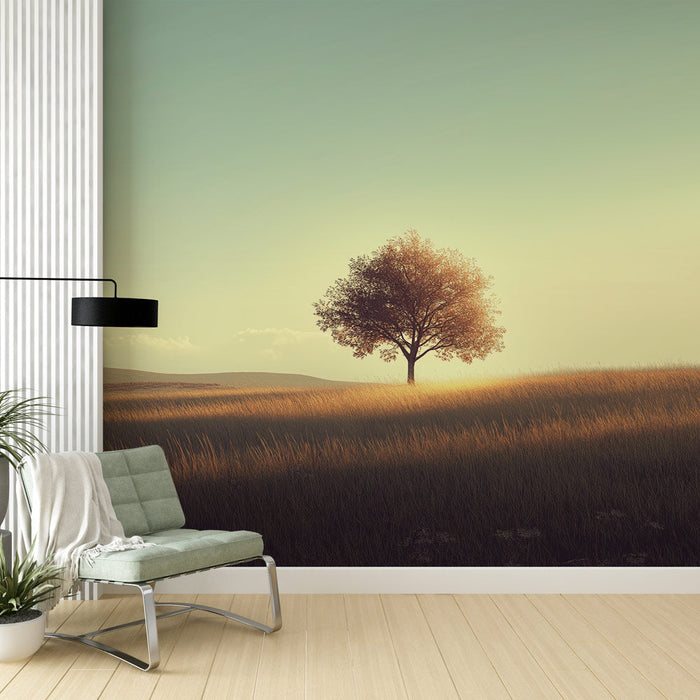 Foto Behang prairie | Een rustgevend pastoraal landschap met een eenzame boom