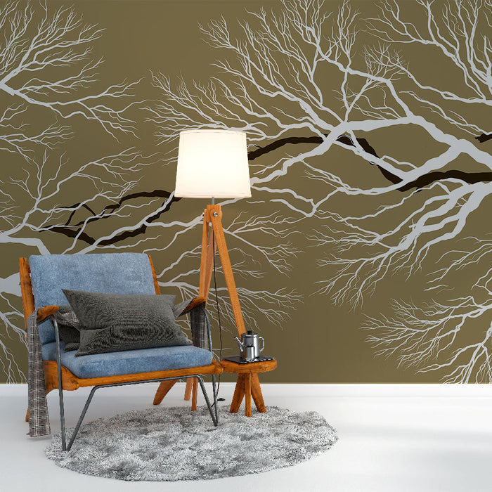 Тапет с абстрактни корени | Бял модел на клон върху бежов фон