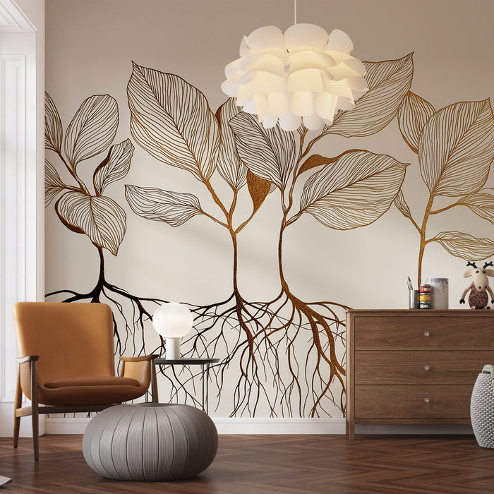 Fototapet korenine in zlate liste | Naravna eleganca s stiliziranimi vzorci