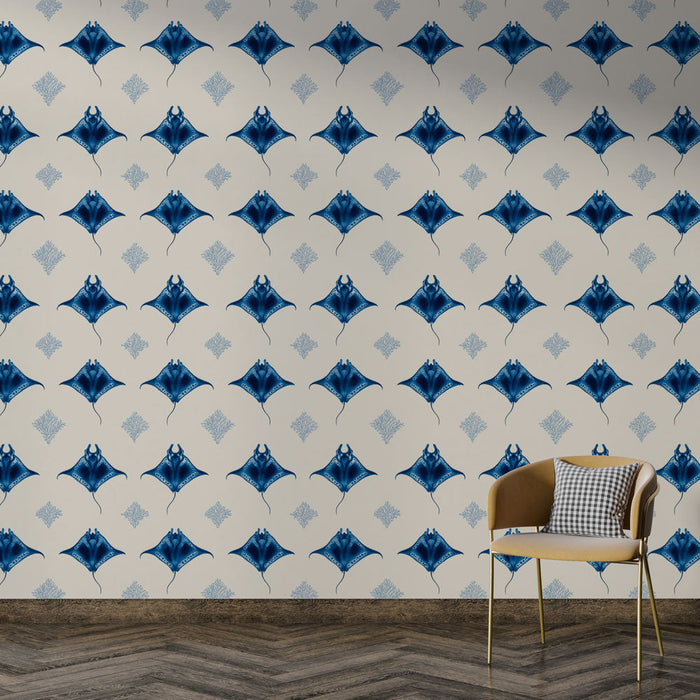 Tapeta paski koców | Elegancki wzór niebieskich pasków koców na kremowym tle