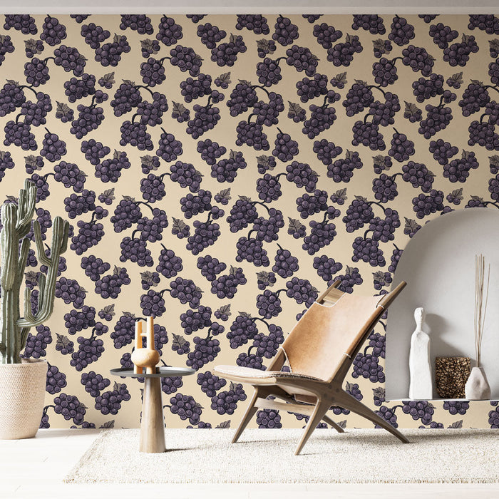 Fototapet rosiner | Motiv af lilla drueklaser på beige baggrund