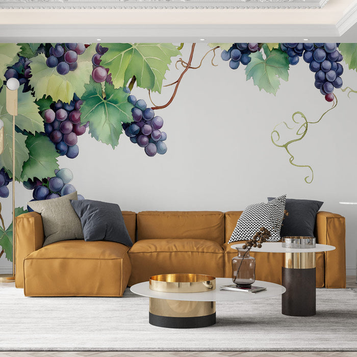 Papel pintado grape | Patrón elegante de viñas y racimos de uva