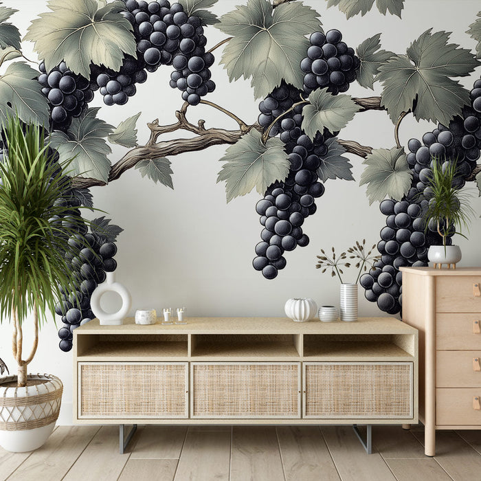 Papel de parede uvas | Elegância botânica em preto e verde