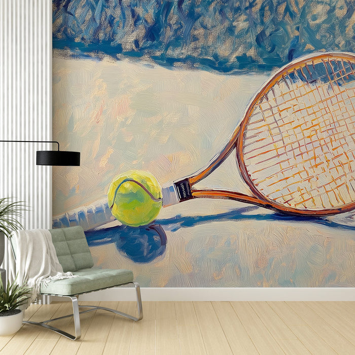 Fototapet tennisracket och boll | Klassisk utrustning på pastellbakgrund