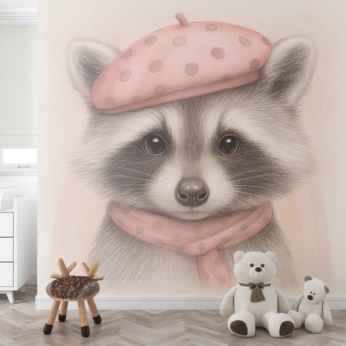 Fototapet rakun | Očarljiv rakun, oblečen v pikčast beret in eleganten šal