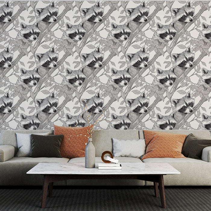 Tapeta z motywem szopa pracza | Motyw szopa pracza otoczony naturalnymi liśćmi