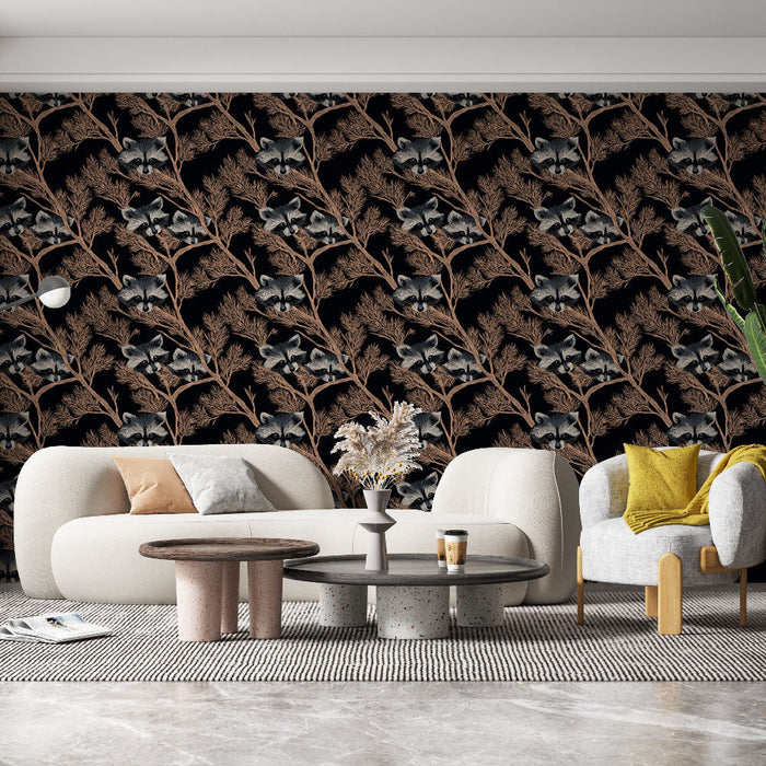 Tapet cu raccoon | Model jucăuș de raccoons și frunzișuri aurii pe un fundal negru