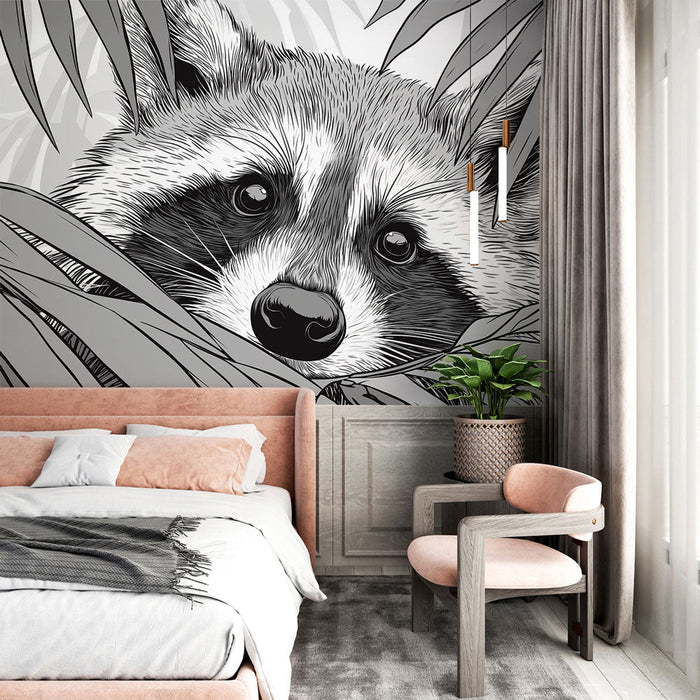 Wallpaper raccoon | Stylized portrait of a raccoon hidden among the leaves