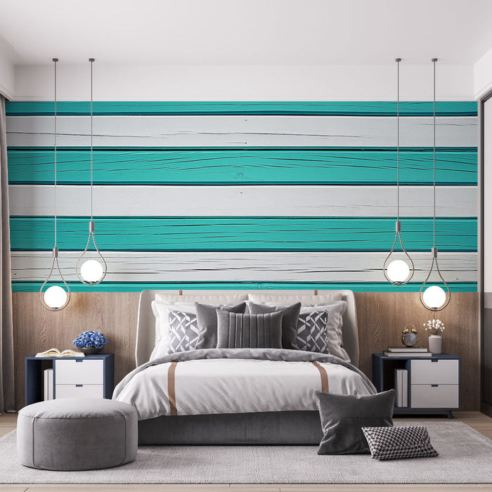 Fototapet vandrette striber | Blå turkis træimitation