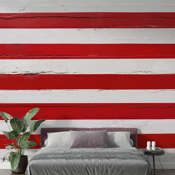 Fototapet yatay çizgiler | Taklit beton duvar ve kırmızı çizgiler